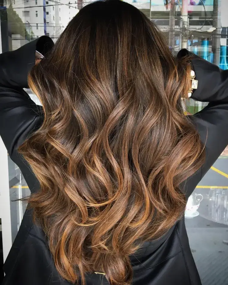 long caramel balayage for brunettes salon Toujours Belle